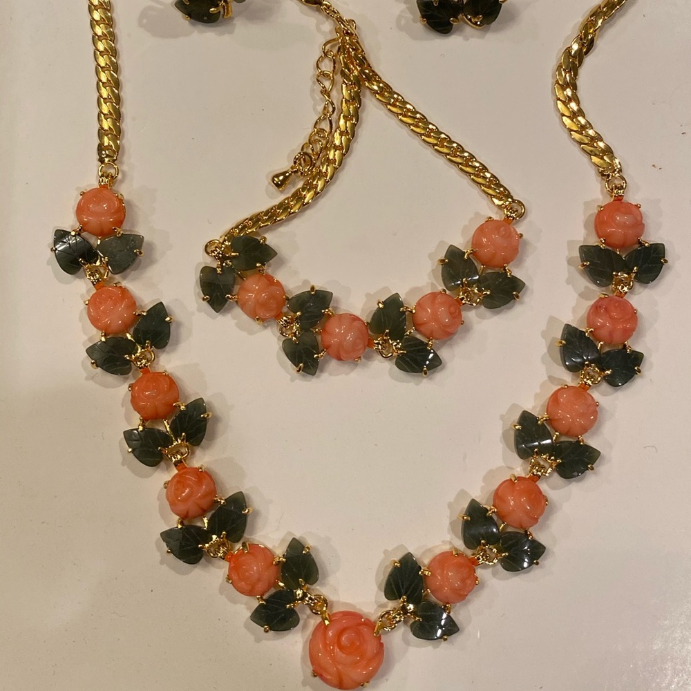 22ct gold plated coral rose jade leaves set